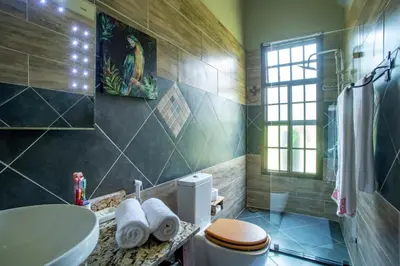 a bathroom with a toilet and a sink and a tub at Kinga Homes Boutique Hotel in Moshi