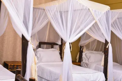 a bedroom with two beds with white drapes at Burka Coffee Lounge in Arusha
