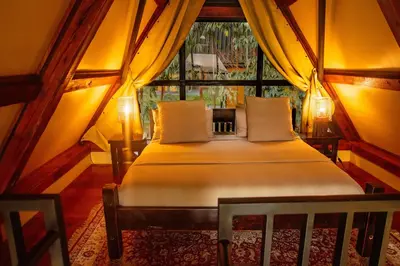 a bed in a room with a large window at Shamba Lodge Cabin C in Olmotoni