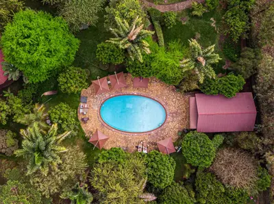 an overhead view of a pool and chairs and trees at Arusha Planet Lodge in Arusha
