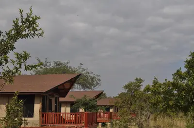 a house with a deck and trees in front of it at Elephant Rock Luxury Camp Tarangire in Kaiti
