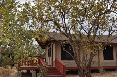 a house with a porch and stairs leading to it at Elephant Rock Luxury Camp Tarangire in Kaiti