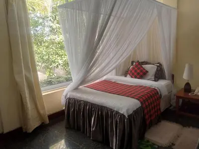 a bedroom with a canopy bed and a window at Karibu Heritage House in Arusha