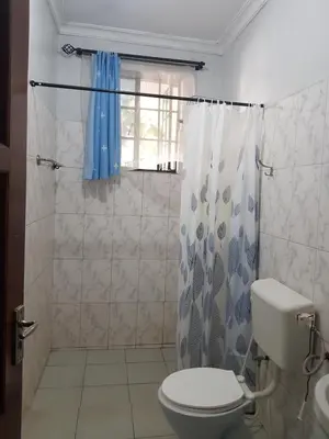 a bathroom with a shower curtain and a toilet at MINA CHAI HOUSE BNB in Arusha