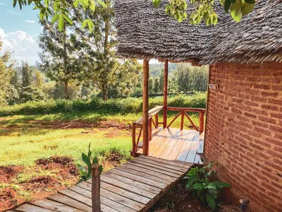 a wooden walkway to a building with a thatch roof at Foresight Eco Lodge & Safari in Karatu