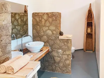 a bathroom with a stone wall and a sink at Foresight Eco Lodge & Safari in Karatu