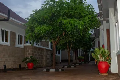 a row of trees in front of a building at Randa Cottages Moshi in Kirua