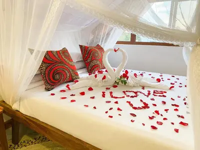 two swans sitting on a bed covered in red roses at Heart of Africa Lodge in Arusha