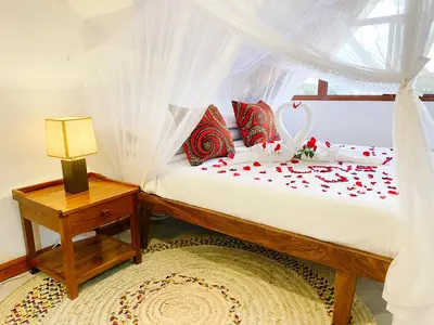 a bedroom with a bed with a window at Heart of Africa Lodge in Arusha