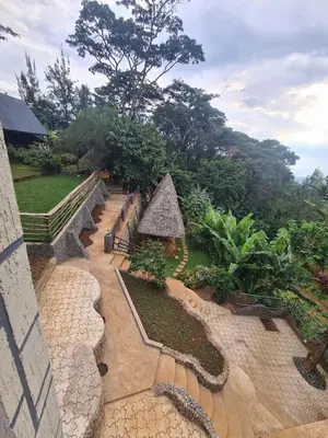 a garden with a stone pathway and a building at Materuni Homes in Moshi