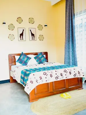 a bedroom with a bed with a blue curtain at Materuni Homes in Moshi