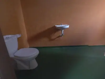 a bathroom with a toilet and a sink on the wall at East Homestay in Boma la Ngombe