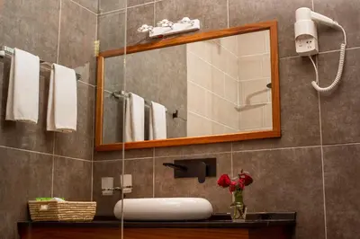 a bathroom with a sink and a mirror at Forest Hill Hotel in Arusha