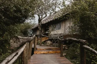 an old house with a wooden walkway leading to it at Serengeti Pioneer Camp in Mugumu
