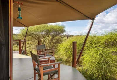 a view from the porch of a safari tent at TARANGIRE KURO TREETOP LODGE in Manyara