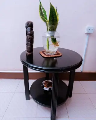 a black table with a vase on top of it at FARAJA HOMESTAY- Seamless Comfort in the Heart of the City - Free WiFi, Warm Hospitality, and Local Delights Await in Moshi