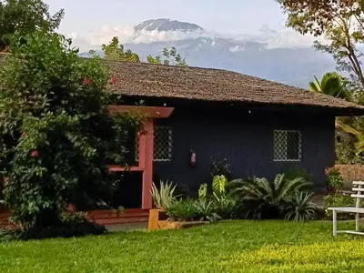 a blue house with a mountain in the background at Rudi House in Msaranga