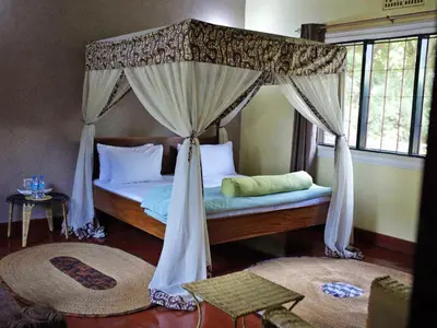 a bedroom with a canopy bed with a window at Rudi House in Msaranga