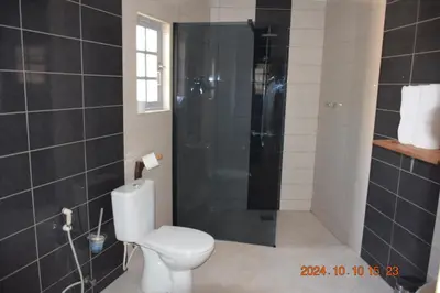 a bathroom with a toilet and a shower at Mwi Village House in Mto wa Mbu
