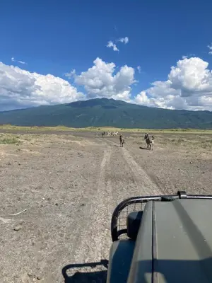 a group of people riding horses on a dirt road at Lake Natron Maasai Guesthouse in Mtowabaga