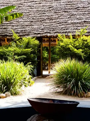 a building with a thatched roof and a bowl in front of some plants at The Jungle Pearl Resort in Mto wa Mbu