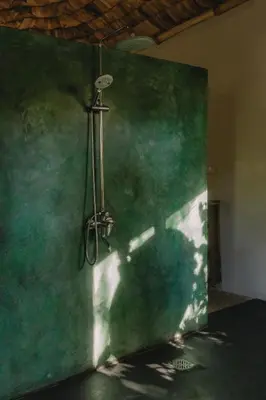 a shower in a room with a green wall at The Jungle Pearl Resort in Mto wa Mbu