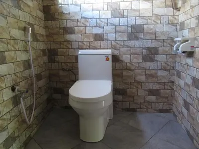 a bathroom with a toilet in a tiled wall at Darema Homestay in Arusha