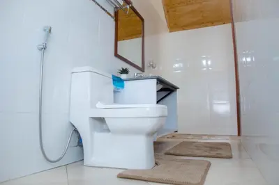 a bathroom with a toilet and a shower and a mirror at Shose Farmhouse Chalets & Campsite in Moshi