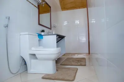 a bathroom with a toilet and a shower and a sink at Shose Farmhouse Chalets & Campsite in Moshi