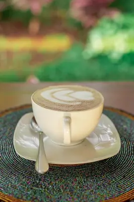 a cup of coffee on a plate with a spoon at Shose Farmhouse Chalets & Campsite in Moshi